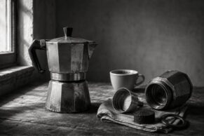 Aged aluminum moka pot beside its disassembled parts on a worn wooden surface, with a white espresso cup and linen cloth in moody black-and-white light.