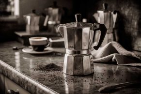 Polished aluminum moka pot on a worn stone countertop surrounded by scattered coffee grounds, a linen cloth, and an espresso cup in the background, shot in moody sepia tones.