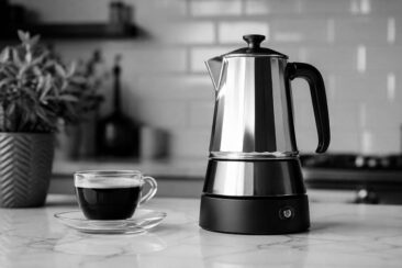 An electric moka pot next to a glass cup of coffee on a marble countertop, with a leafy plant in the background.