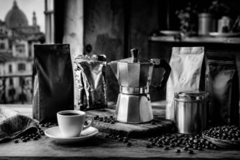 A moka pot and Italian coffee beans