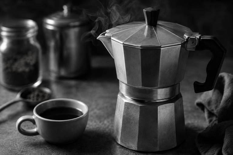 A metallic Moka pot with steam rising, next to a small cup of dark coffee and a spoon holding coffee beans, set on a textured surface.