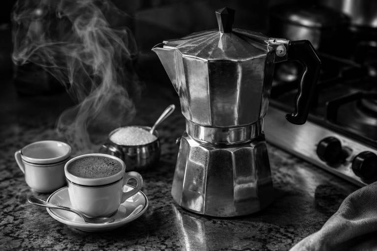 Polished aluminum moka pot beside a steaming espresso cup on a saucer, with a small sugar bowl and a second cup, all set on a dark granite counter near a gas stove in a moody black-and-white scene.