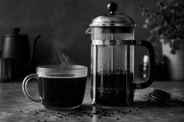 A glass cup filled with steaming coffee next to a French press, surrounded by scattered coffee grounds on a textured surface, in a tranquil black-and-white setting.