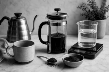 A French press with coffee sits on a marble surface, next to a glass measuring cup of water on a digital scale. A speckled ceramic mug, a bowl of ground coffee, and a silver spoon are also present, with a kettle in the background.
