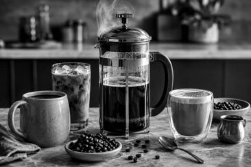 A French press with steaming coffee is surrounded by a gray mug of black coffee, a frothy cup, a glass of iced coffee, and a bowl of coffee beans on a marble surface.