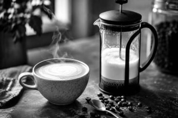 A steaming latte in a textured mug is next to a French press filled with milk, scattered coffee beans, and a spoon, all set in a softly blurred background.