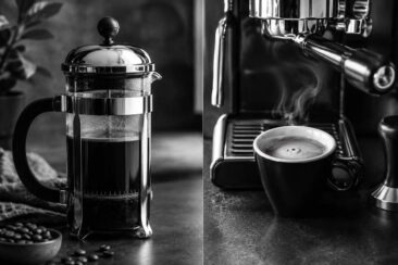 A French press on the left with dark coffee and a bowl of coffee beans, and an espresso machine on the right with a steaming cup of espresso.