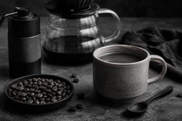 A coffee setup featuring a ceramic mug with coffee, a black grinder, a glass coffee maker, a dish of coffee beans, and a black spoon on a dark gray surface.