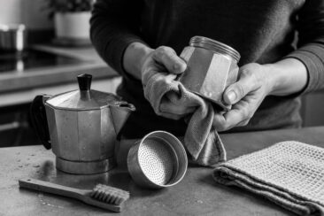 Hands drying a disassembled moka pot with a cloth, the filter basket and a small cleaning brush laid on a damp stone surface nearby, shot in black and white.