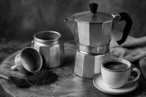 Stainless moka pot with disassembled filter basket, spilled ground coffee on a spoon, and a ceramic espresso cup on a weathered wooden surface, shot in moody black and white.