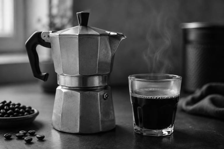 A stovetop espresso maker beside a glass of steaming coffee on a dark countertop, with coffee beans scattered nearby.