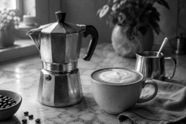 Moka pot and steaming cappuccino cup on a marble countertop with scattered coffee beans, a linen cloth, small milk pitcher, and a potted plant in soft window light.