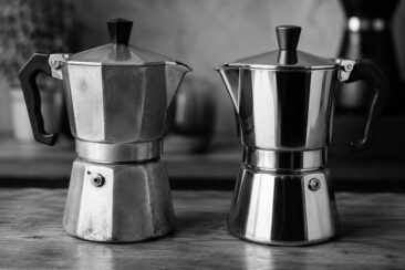 Two stovetop moka pots side by side on a wooden surface, one matte aluminum with signs of use and one polished stainless steel, shot in black and white with a softly blurred kitchen background.