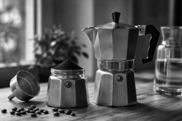 A black-and-white still life scene featuring a stovetop espresso maker, a jar of ground coffee, and coffee beans on a wooden table with a blurred plant background.