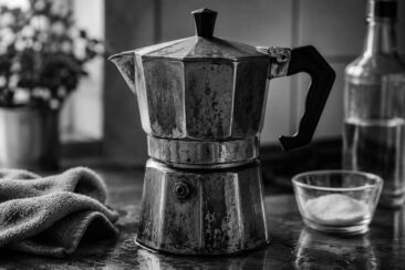 Weathered aluminum moka pot on a dark countertop beside a folded linen cloth, small glass bowl of baking soda, and a water bottle, with soft natural light and blurred greenery in the background.