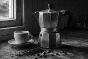 Black and white photograph of an aluminum moka pot on a wooden counter with steam rising from the spout, scattered coffee grounds, and a small espresso cup nearby.