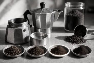 Disassembled aluminum moka pot with four small dishes displaying coffee grounds at varying grind sizes, a glass jar of dark grounds, and a metal scoop on a gray surface, shot in black and white with dramatic side lighting.