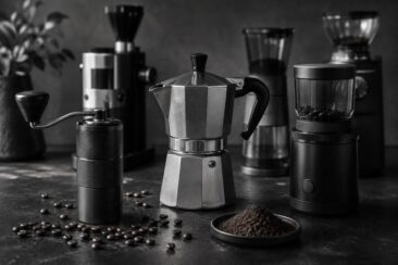 Coffee grinders and beans on a black table, with a Moka pot nearby, creating a cozy coffee setup.
