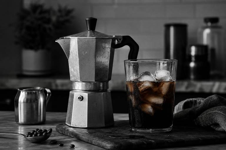 Moka pot and iced coffee glass on a dark wooden board with scattered coffee beans, a small steel creamer, and a moody black-and-white kitchen backdrop.