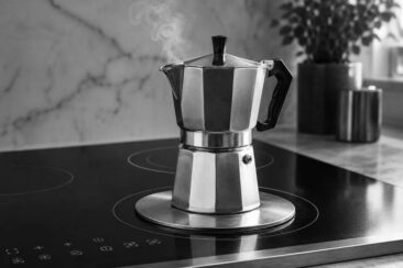 A stovetop espresso maker releasing steam on a black induction cooktop, with a blurred marble background and a potted plant nearby.