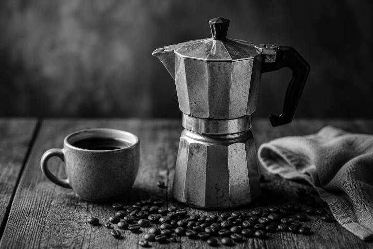 A moka pot beside a stoneware coffee cup filled with coffee, surrounded by scattered coffee beans on a wooden surface, with a folded cloth in the background.
