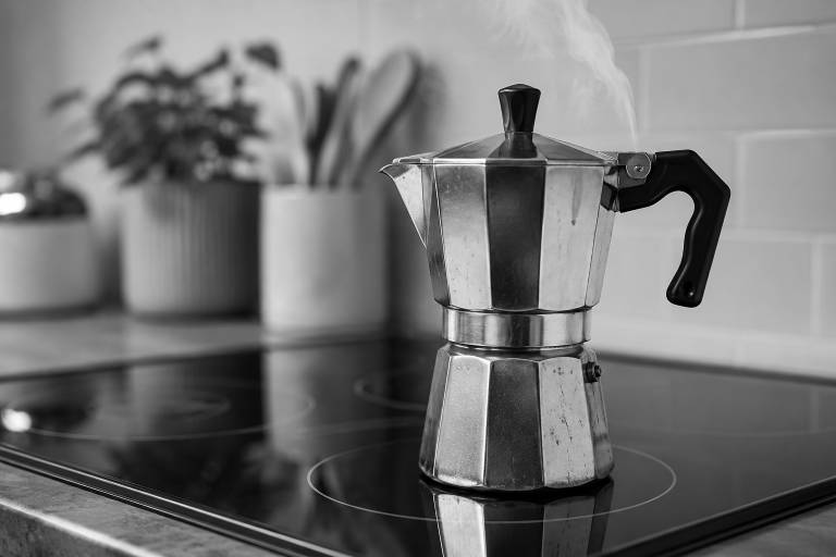 A stovetop espresso maker emitting steam sits on a black electric stove, with blurred pots and utensils in the background.