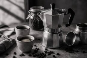 Polished aluminum moka pot beside two ceramic cups filled with espresso, scattered coffee beans, a glass jar of whole beans, and a linen cloth on a concrete surface, shot in moody black and white.