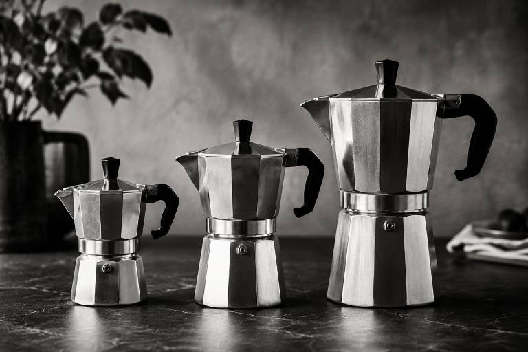 Three moka pots of varying sizes arranged on a dark surface, with a blurred background of a ceramic pitcher and foliage.
