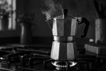 Aluminum moka pot brewing on a gas burner with a thin wisp of steam rising from the top, captured in black and white with a moody, dramatic atmosphere.