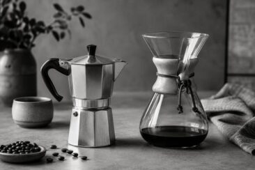 A Moka pot and a Chemex coffee maker with dark liquid, accompanied by scattered coffee beans and a ceramic cup, set against a blurred background.