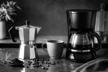 A stainless steel moka pot, a black drip coffee maker, a gray ceramic cup, and scattered coffee beans and ground coffee on a countertop, all in a monochrome setting.