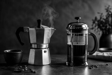 Stovetop moka pot with rising steam beside a glass French press filled with dark coffee, scattered beans, a matte black ceramic cup, and a moody dark background.