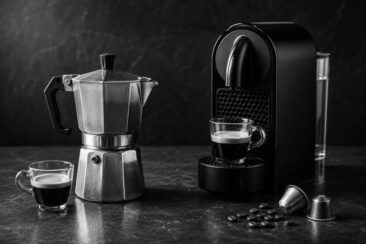 A moka pot and a Nespresso machine on a dark marble countertop, with glass cups of espresso, scattered coffee beans, and Nespresso capsules.