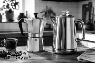 A black and white image of a Moka pot and a shiny percolator on a wooden countertop, accompanied by a dark coffee cup and scattered coffee beans.