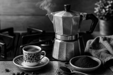 Vintage aluminum moka pot with steam rising, beside a floral porcelain espresso cup and saucer, a wooden dish of ground coffee, scattered beans, and a linen cloth on a dark stone surface.