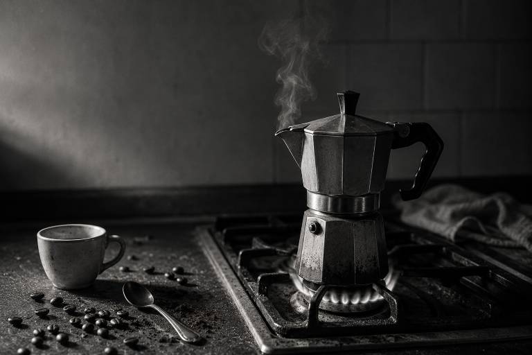 Vintage aluminum moka pot steaming on a lit gas burner, with scattered coffee beans, a small ceramic cup, and a silver spoon on a dark weathered surface, captured in moody black-and-white.
